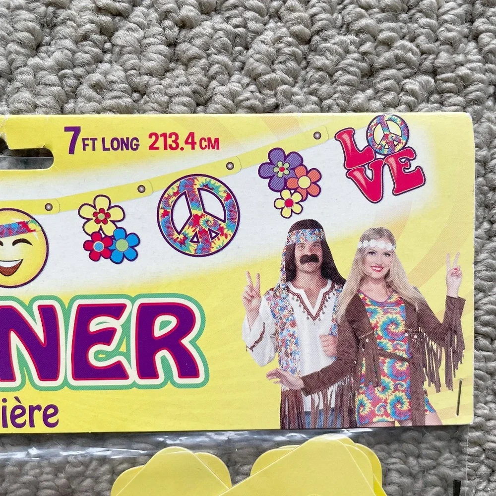 Bundle of 2 Yellow Hippie Icons Love Party Banner & Matching LOVE Paper Plates